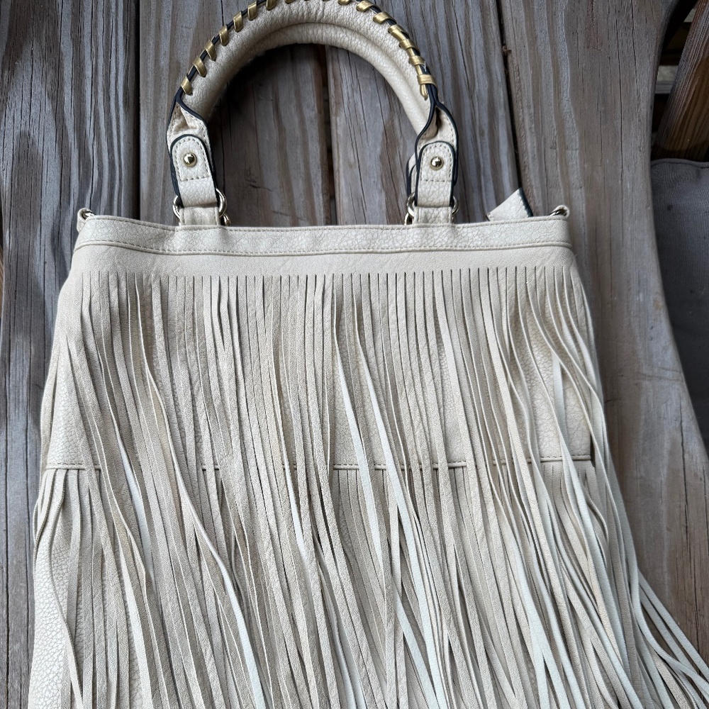 Cut N Paste rustic leather Boho large fringe bag with shoulder strap